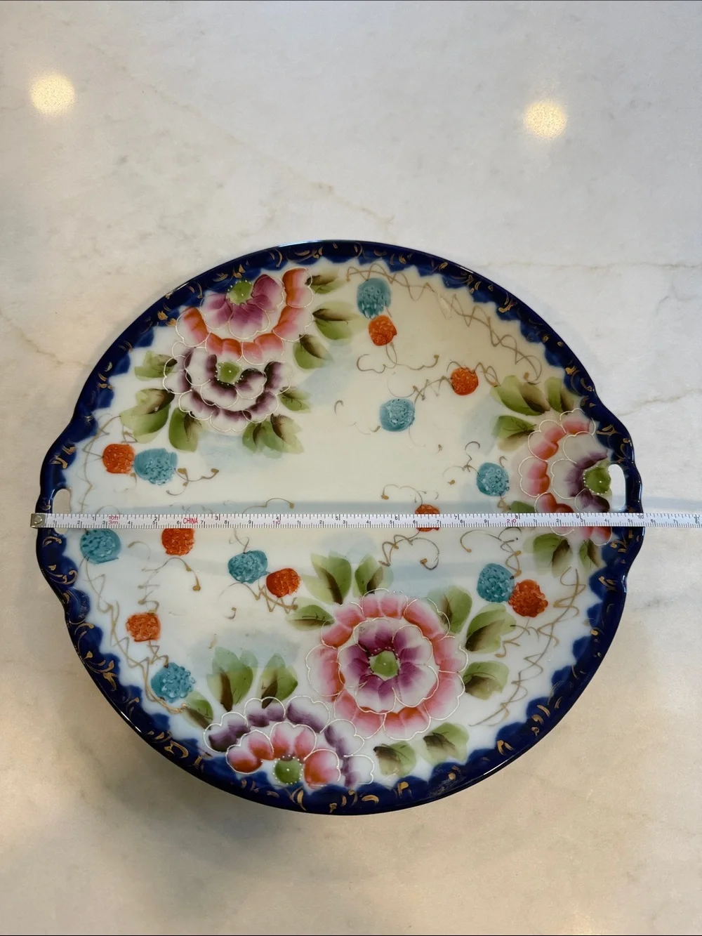 Decorative Floral Porcelain Serving Plate - Blue Edge, Pink Flower